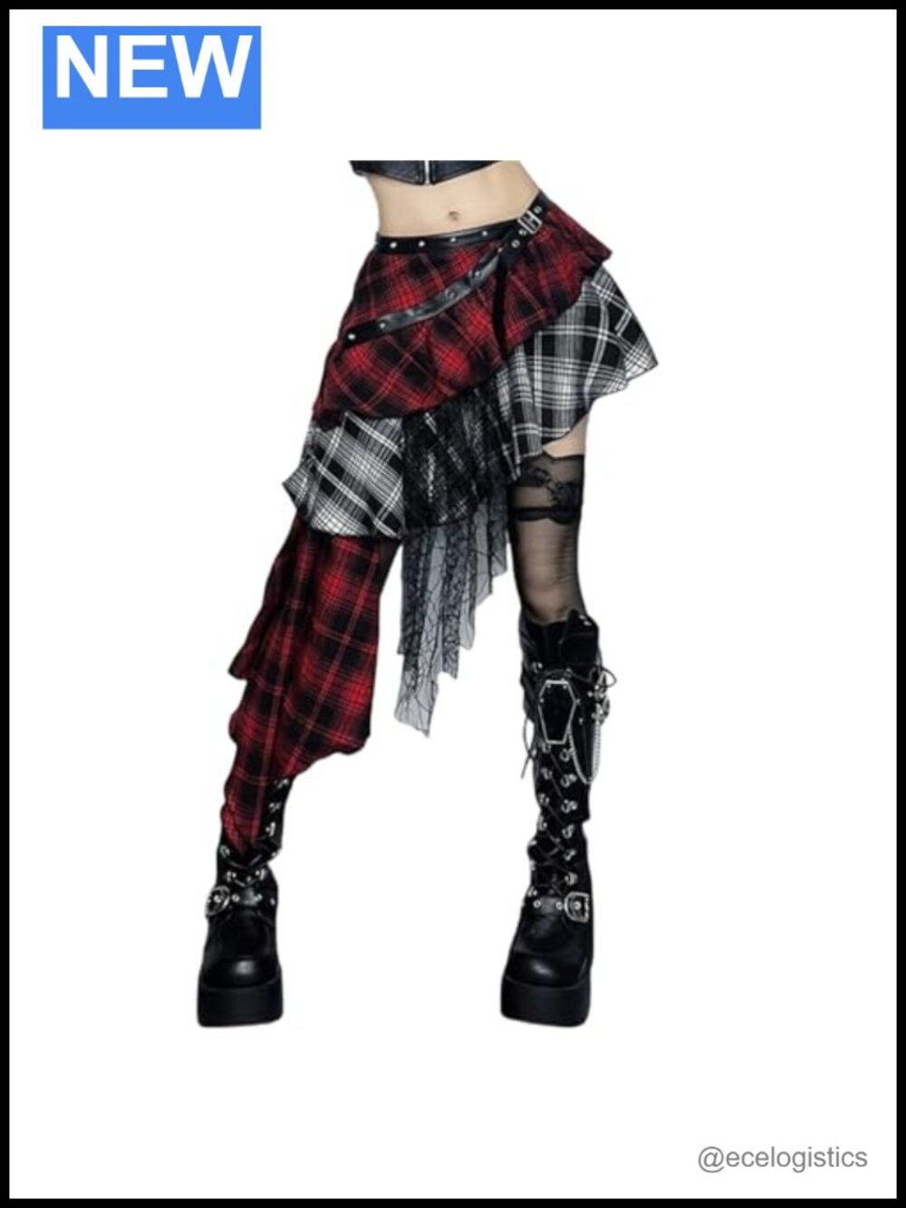 Goth Plaid A-Line Mini Skirt with Hi-Low Hem Punk Tiered Grunge